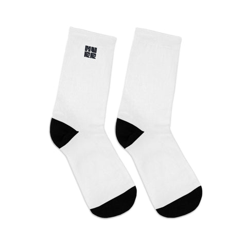 Pair of MURR unisex socks – white with bold printed design, comfortable cotton blend  
